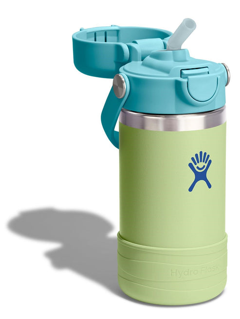 Green water bottle with blue lid and straw.
