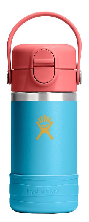 A Hydro Flask in blue and pink with a handle.