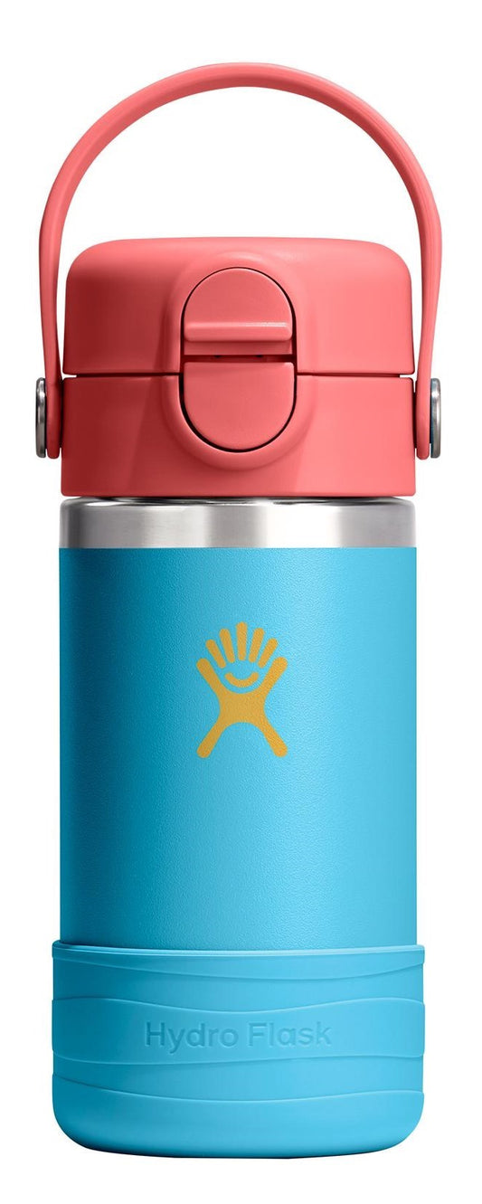A Hydro Flask in blue and pink with a handle.