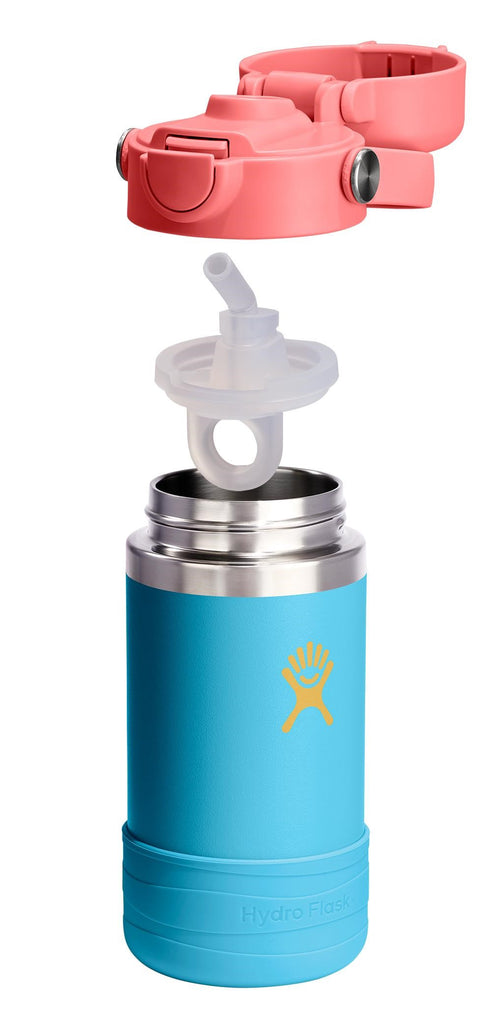 A blue water bottle with a straw and a pink lid above it.