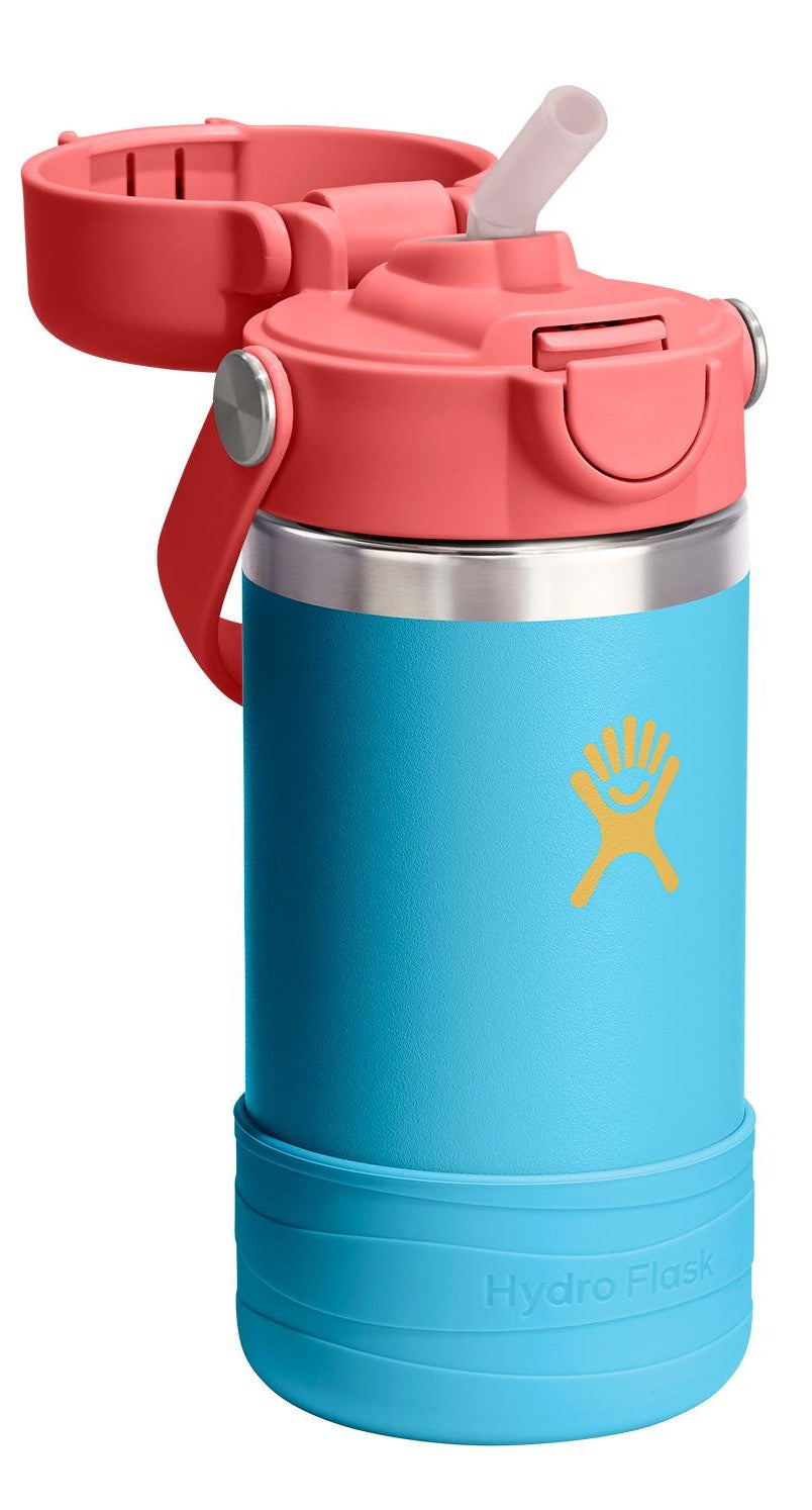 Blue insulated water bottle with coral lid, handle, and blue boot protector.
