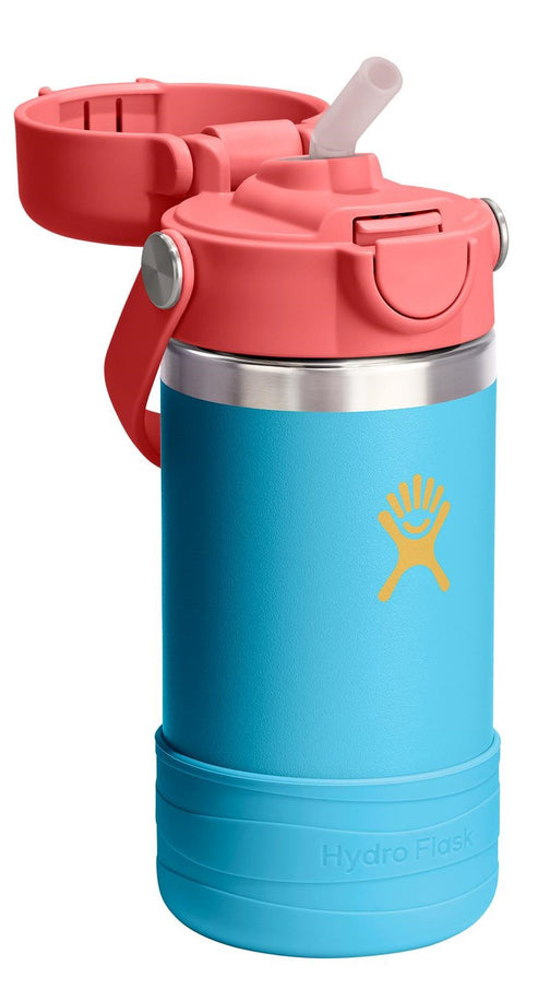 Blue insulated water bottle with coral lid, handle, and blue boot protector.
