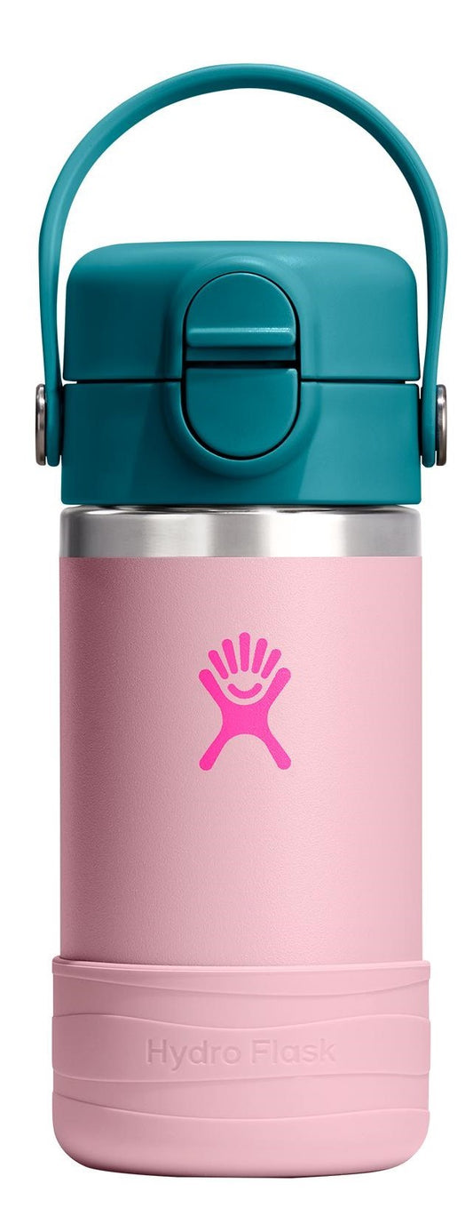 A pink and teal water bottle with a handle.