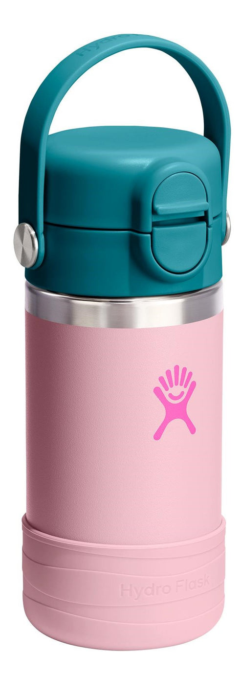 A reusable water bottle with a handle and a pink hand logo on the front.
