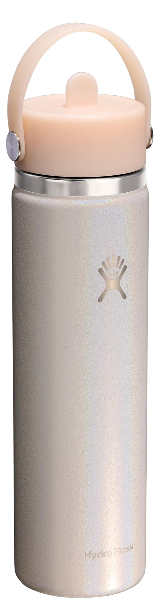 A light-colored insulated water bottle with a handle on the lid.