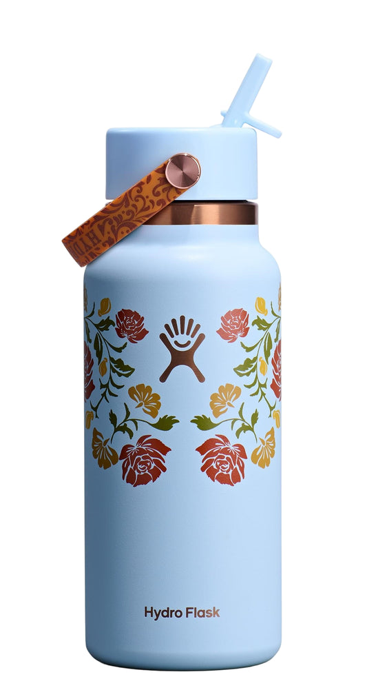 Light blue water bottle with floral print and straw lid.