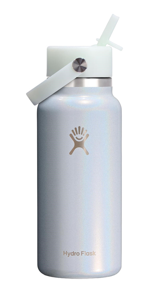 Light blue insulated water bottle with straw lid and visible logo.