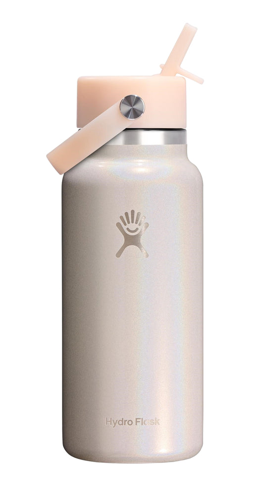 White stainless steel water bottle with straw lid and logo.