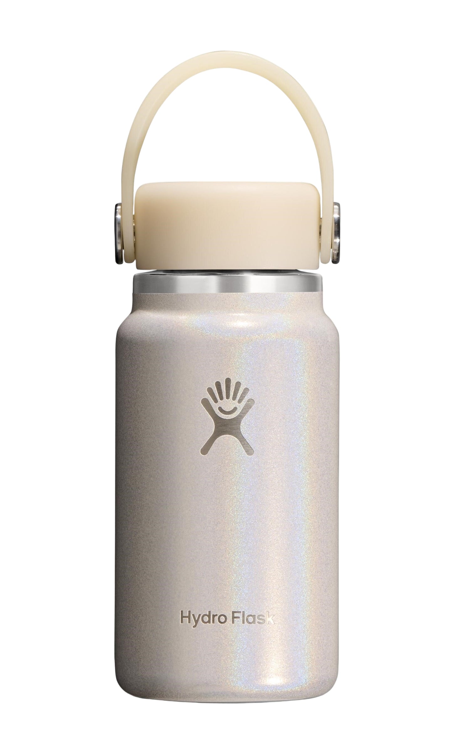 White insulated water bottle with handle and visible "Hydro Flask" logo.