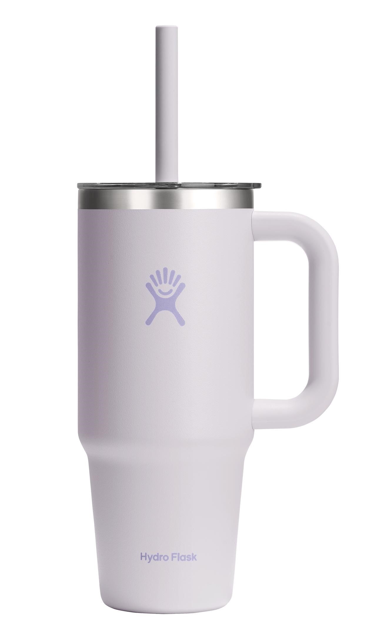 White tumbler with handle and straw; purple logo.