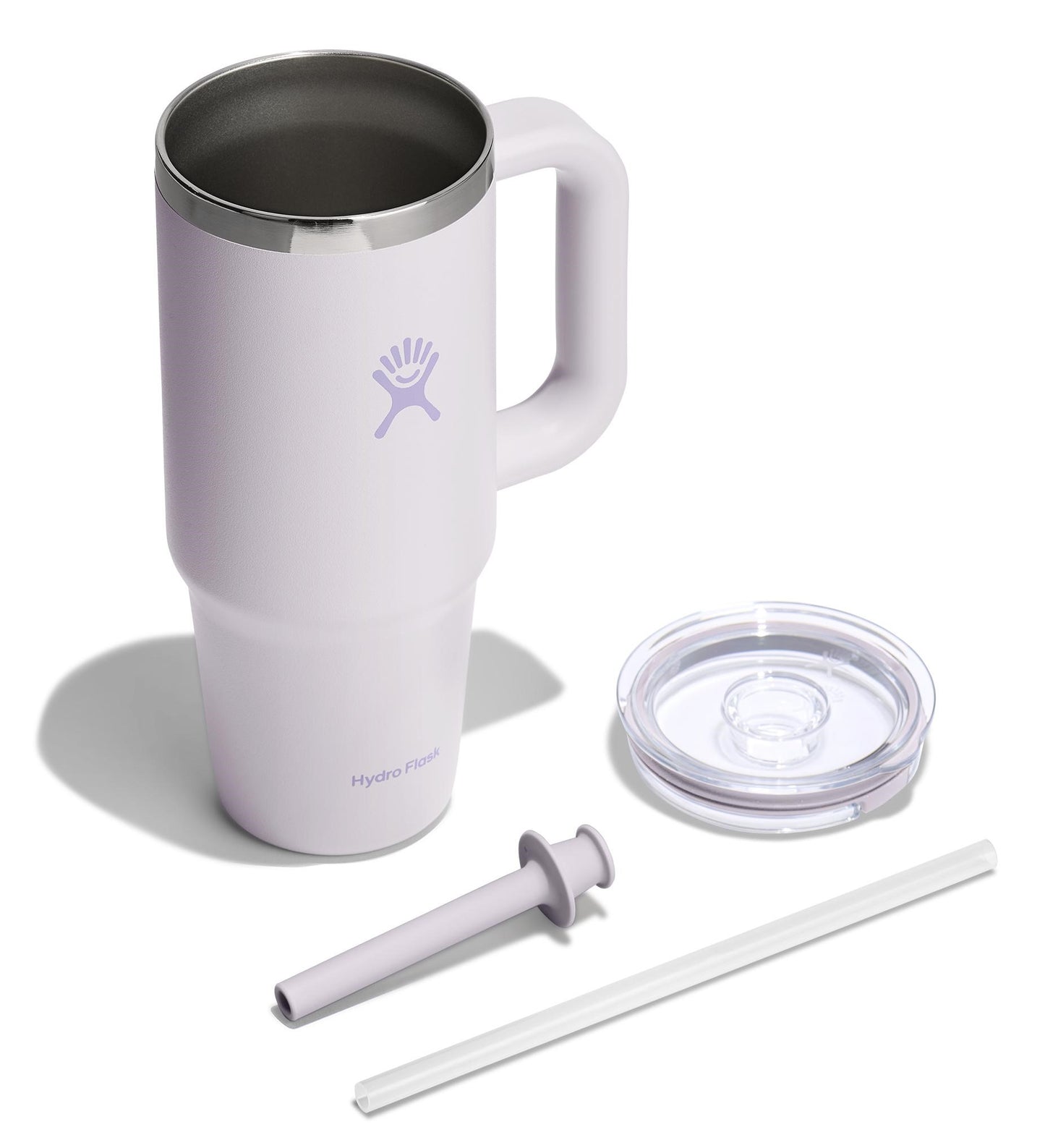 Insulated lavender mug with handle, clear lid, straw, and flexible straw extension.