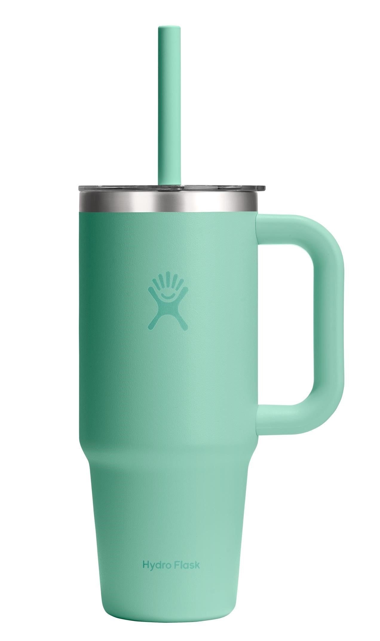 Tall, mint-green, stainless steel mug with handle, metal lid, and straw