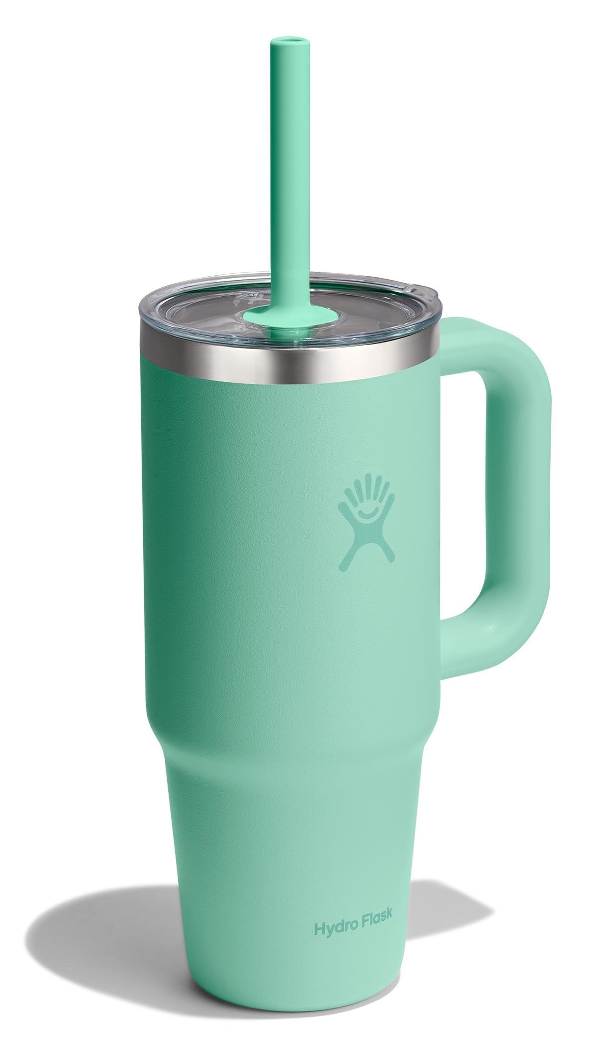 Mint green insulated tumbler with handle and straw.