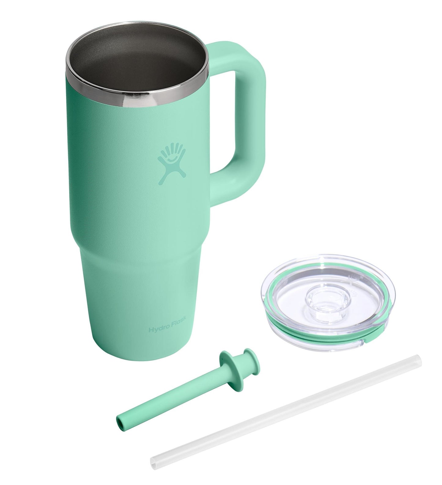 Aqua drinking mug with a handle, lid, plug, and straw.
