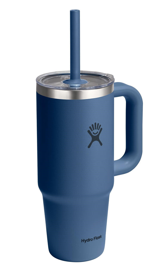 Blue, stainless steel tumbler with handle, lid and straw.