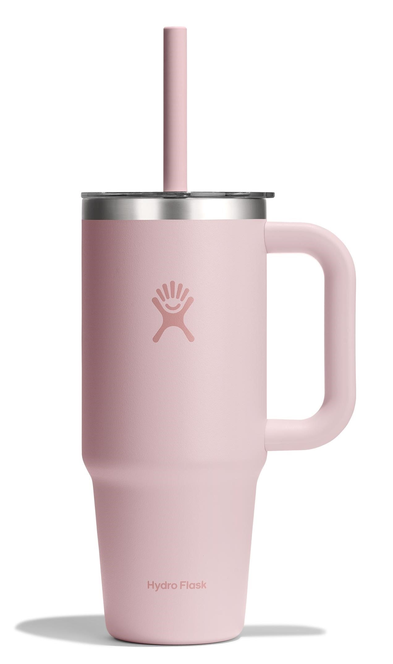 Pink mug with handle, stainless steel top, straw, and logo.