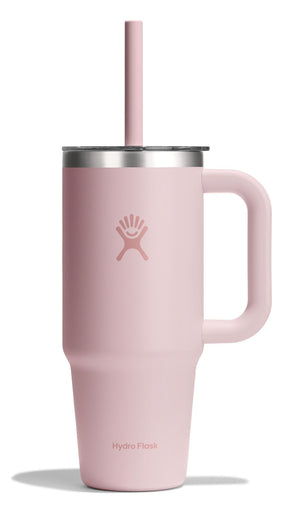 Pink mug with handle, stainless steel top, straw, and logo.