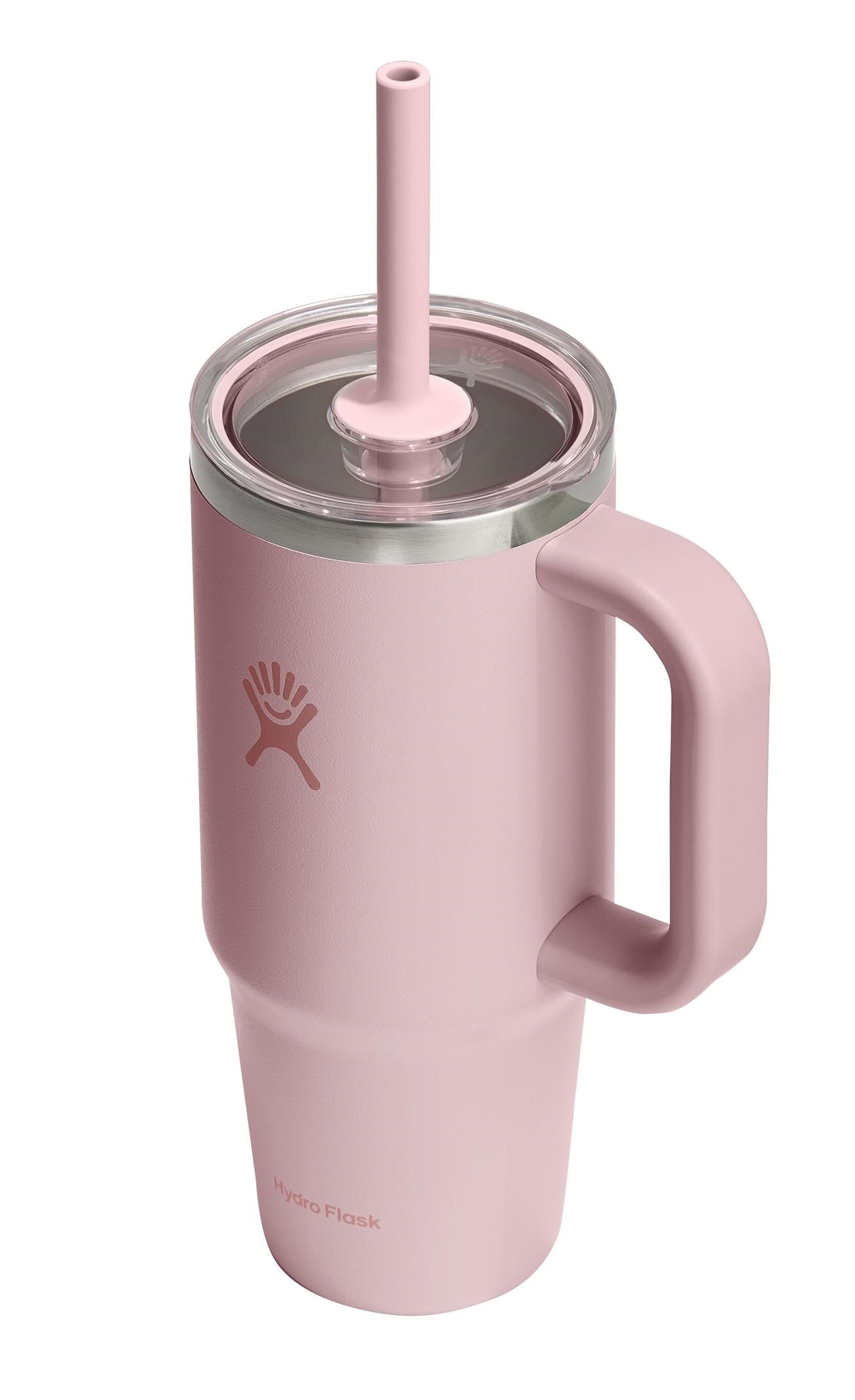 Pink tumbler with handle and straw.
