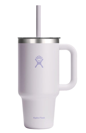 White travel tumbler with handle and straw; the brand logo is in light purple; text at the bottom reads: Hydro Flask.