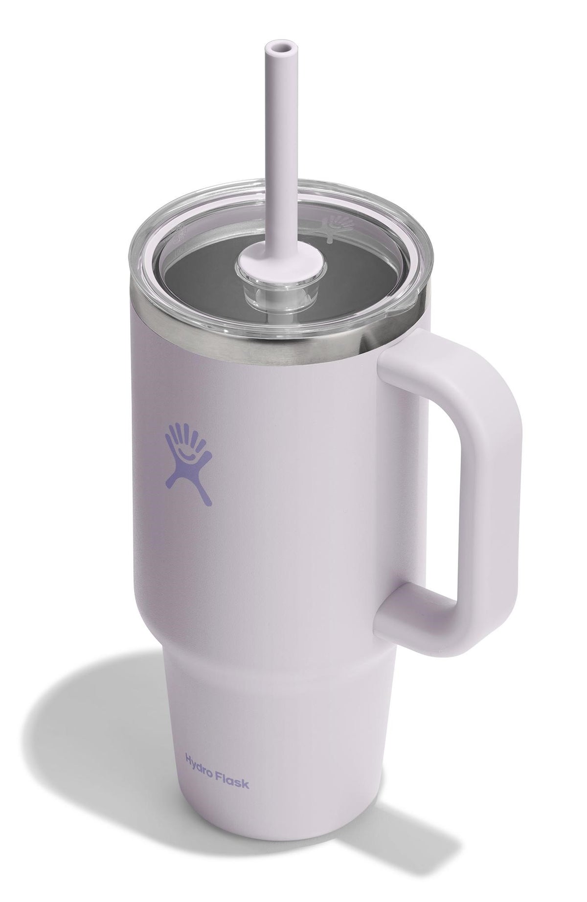 White tumbler with handle, clear lid, and straw, showcasing a purple logo.