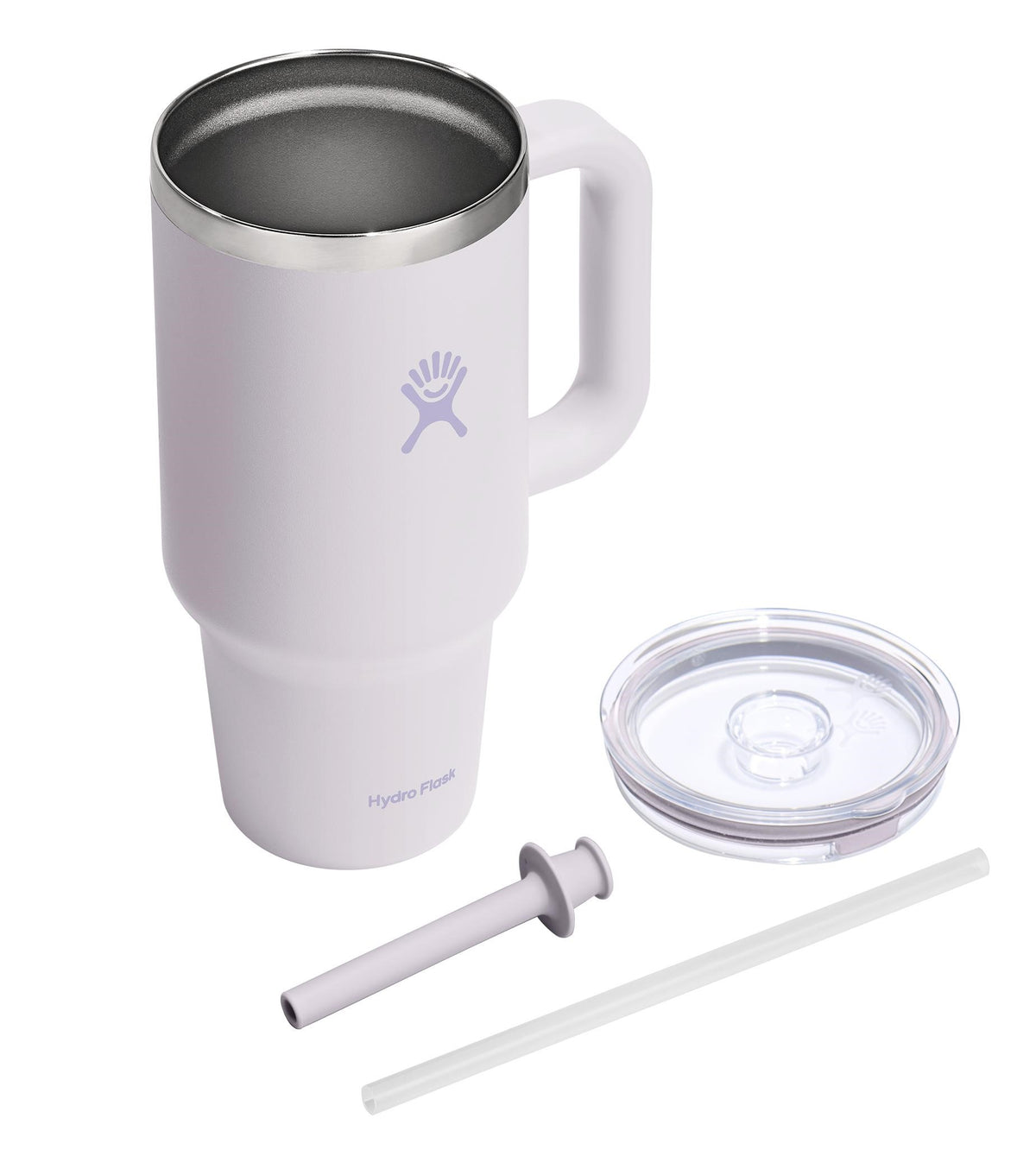 White stainless steel tumbler with handle, lid, and straw.