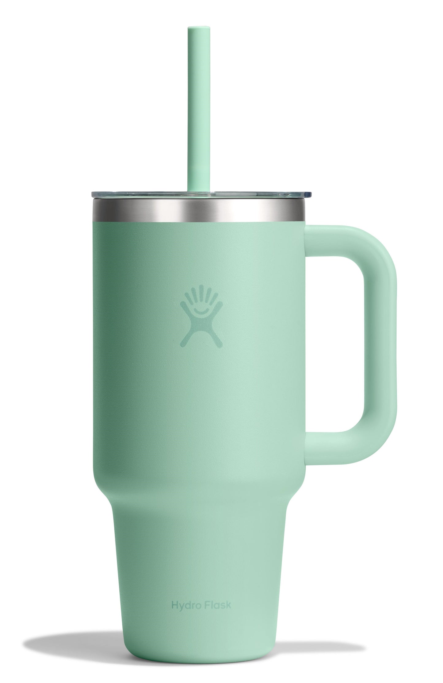 Insulated light green mug with handle, metal lid, and straw.
