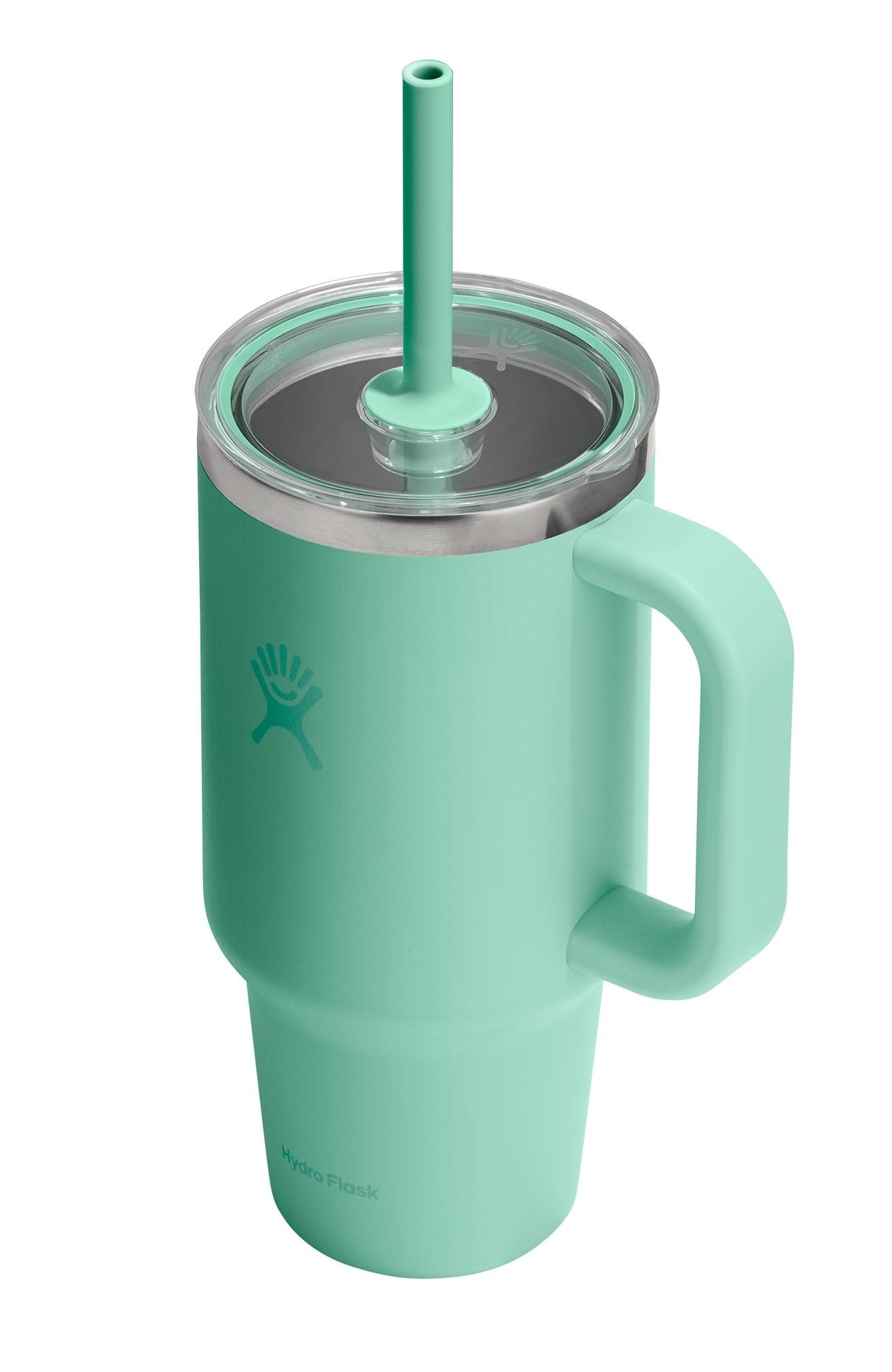 Teal cup with handle, clear lid, and straw.