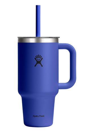 Blue metal cup with handle, straw, and visible text 'Hydro Flask'.