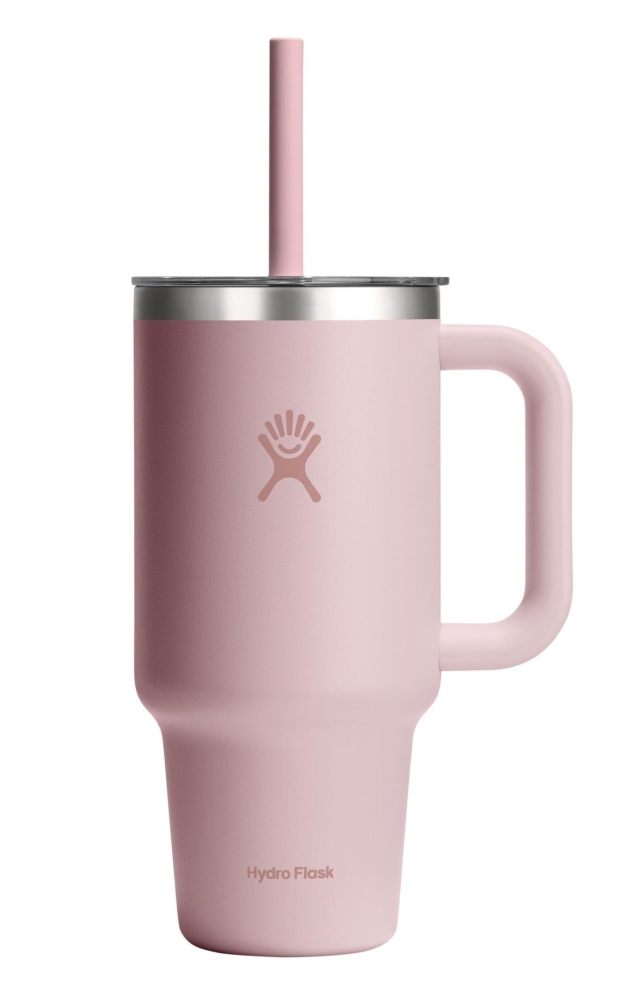 Light pink insulated tumbler with handle and straw.