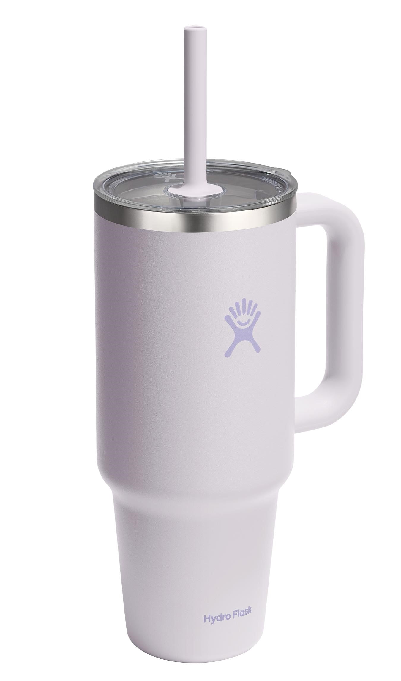 White insulated mug with handle, straw, clear lid, and a purple handprint logo.
