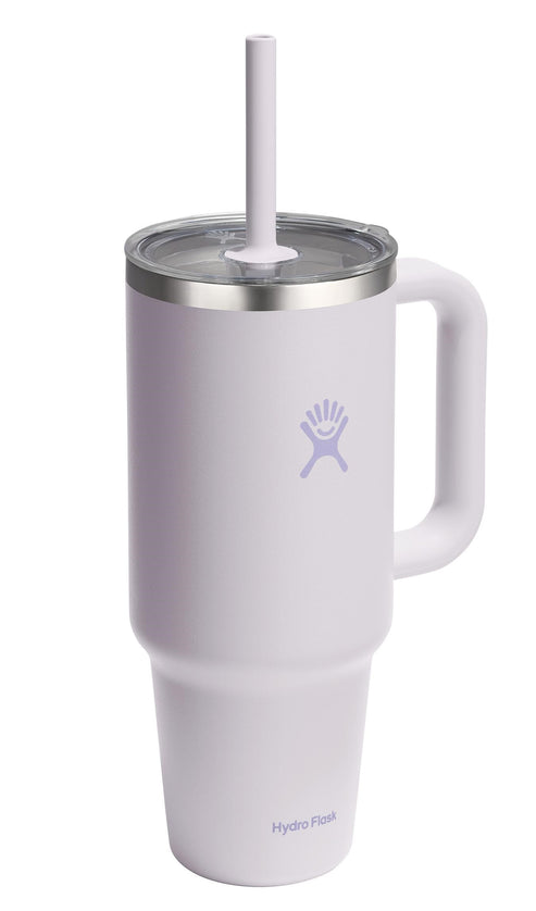 White insulated mug with handle, straw, clear lid, and a purple handprint logo.