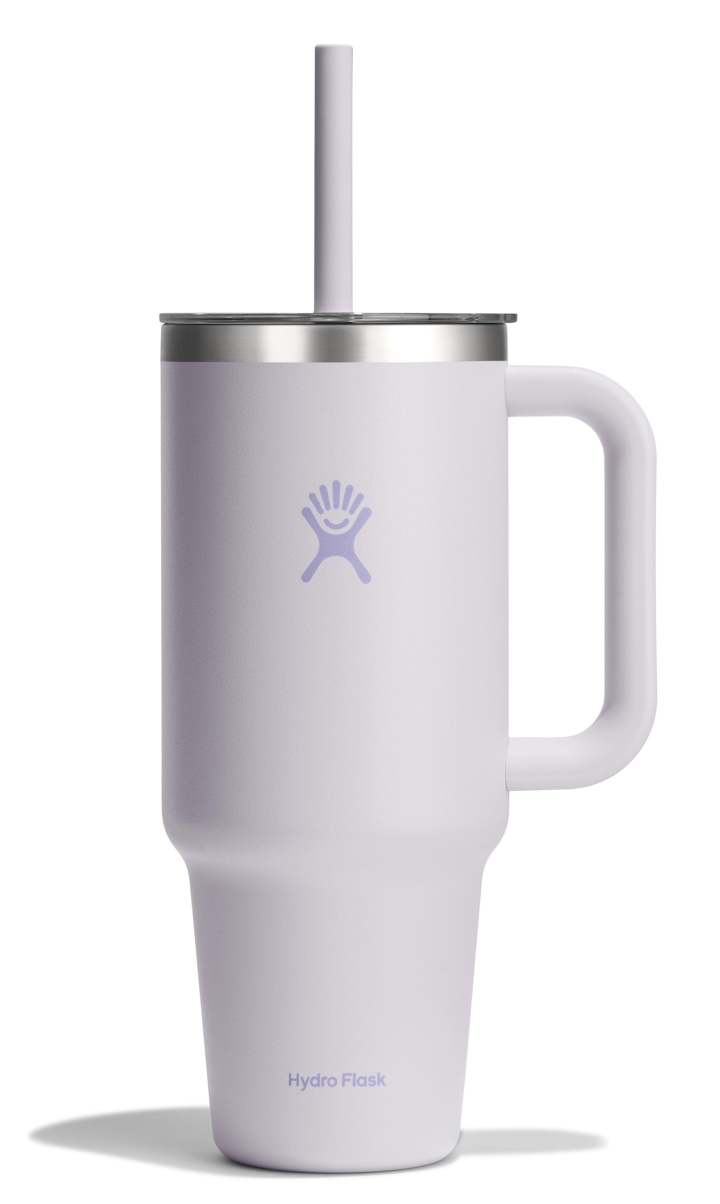White insulated tumbler with handle and straw, logo on the side.