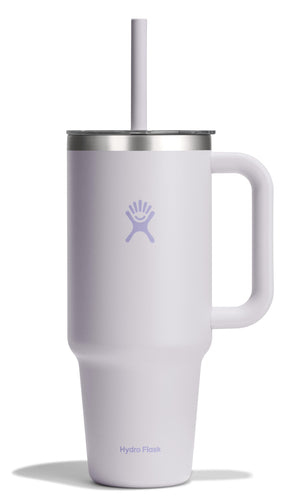 White insulated tumbler with handle and straw, logo on the side.