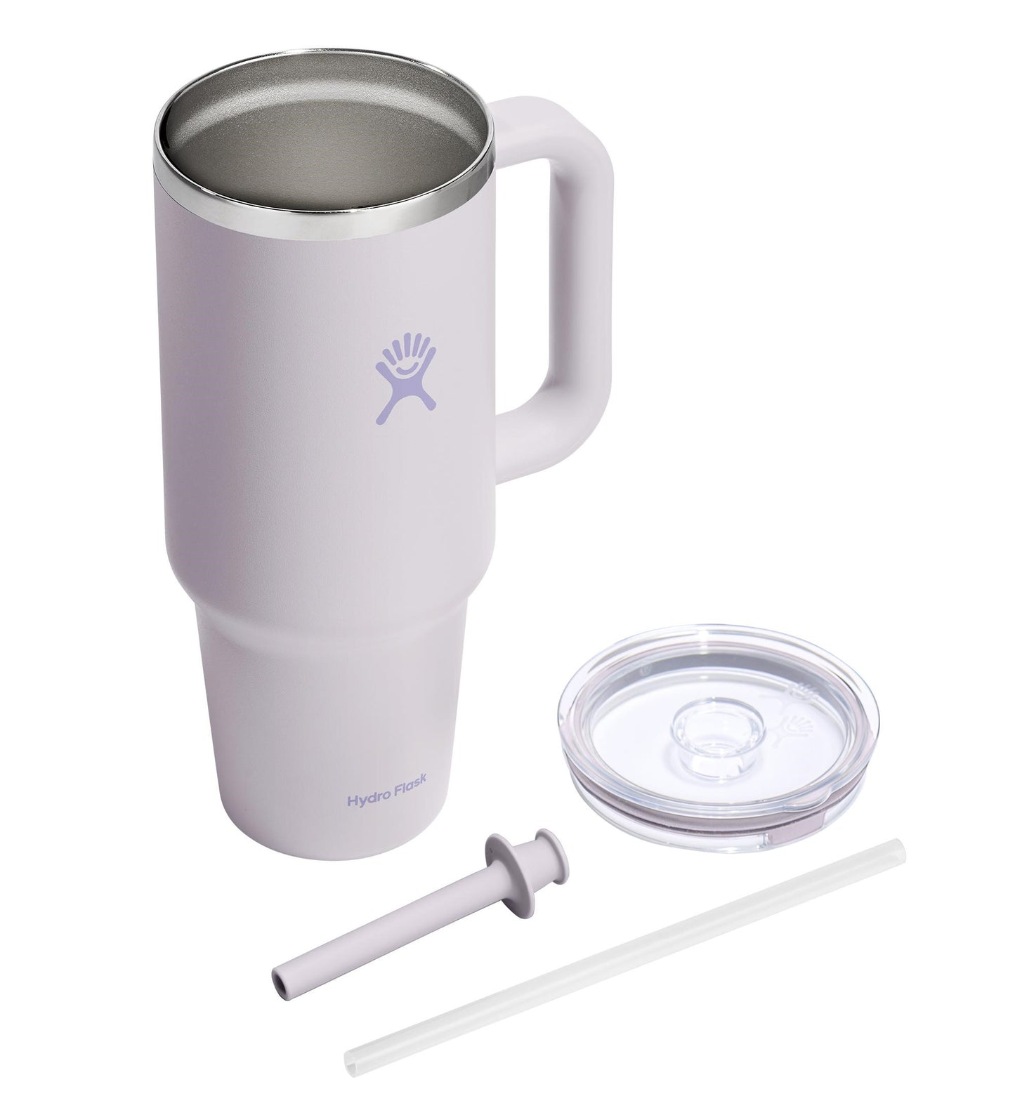 A white stainless steel 40 oz. mug with a handle. To the right is a clear plastic lid with a circular opening in the center. Below is a plastic straw and connector.