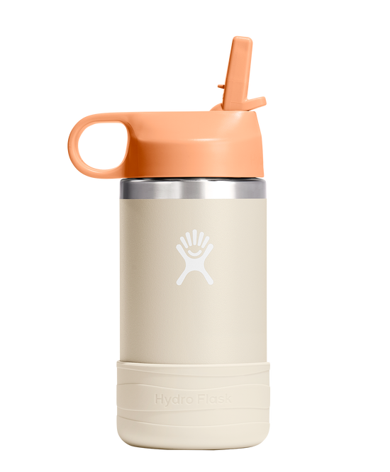 Water bottle with a straw, light tan body, cream bottom and orange top.