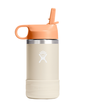 Water bottle with a straw, light tan body, cream bottom and orange top.