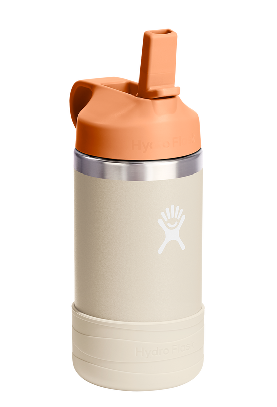 Water bottle with off-white body, off-white bumper, and orange cap.