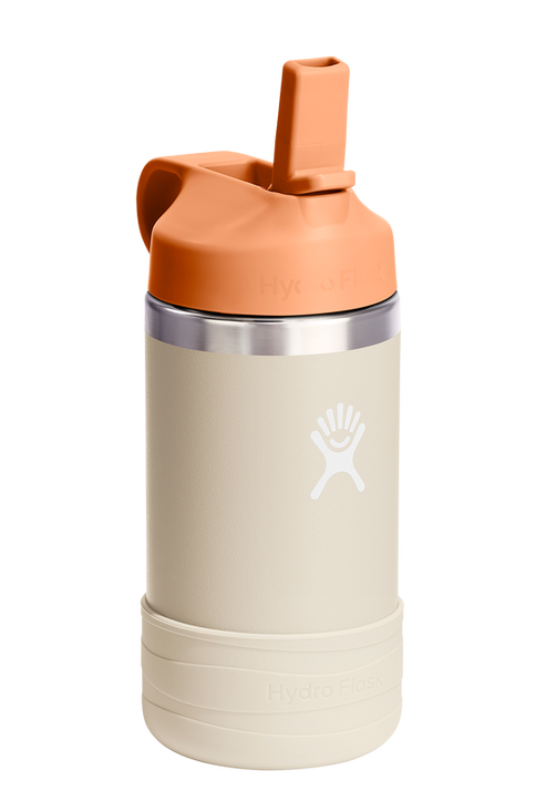 Water bottle with off-white body, off-white bumper, and orange cap.