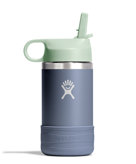 Blue stainless steel bottle with green straw lid and gray base.