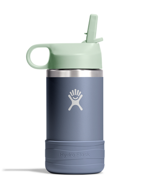 Blue stainless steel bottle with green straw lid and gray base.