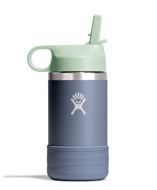 Blue stainless steel bottle with green straw lid and gray base.