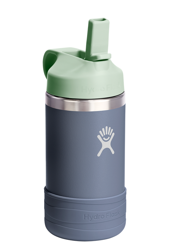 Grey water bottle with a green cap and a grey protective boot.