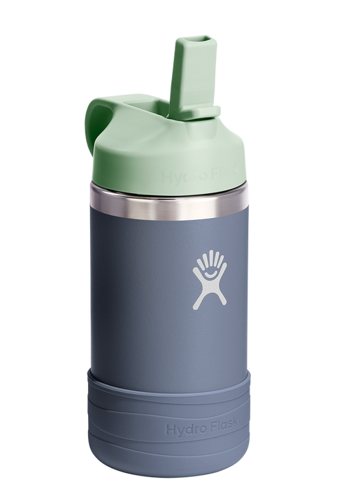 Grey water bottle with a green cap and a grey protective boot.