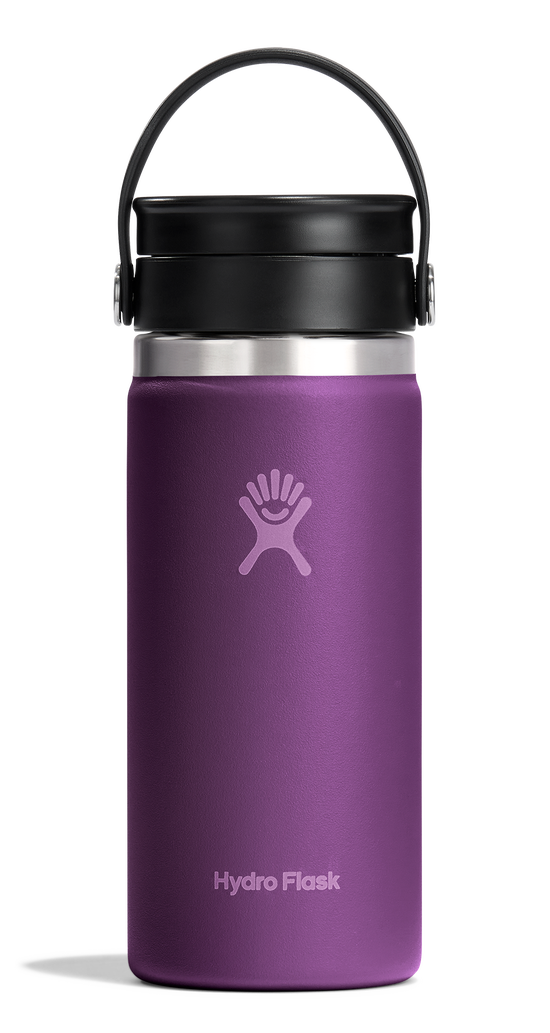 Purple metal insulated bottle with black cap and handle. Logo and "Hydro Flask" printed.