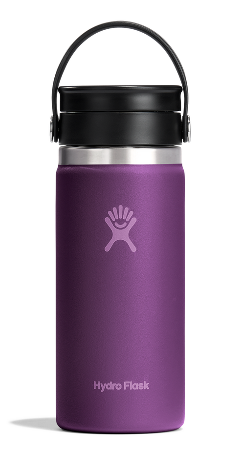 Purple metal insulated bottle with black cap and handle. Logo and "Hydro Flask" printed.