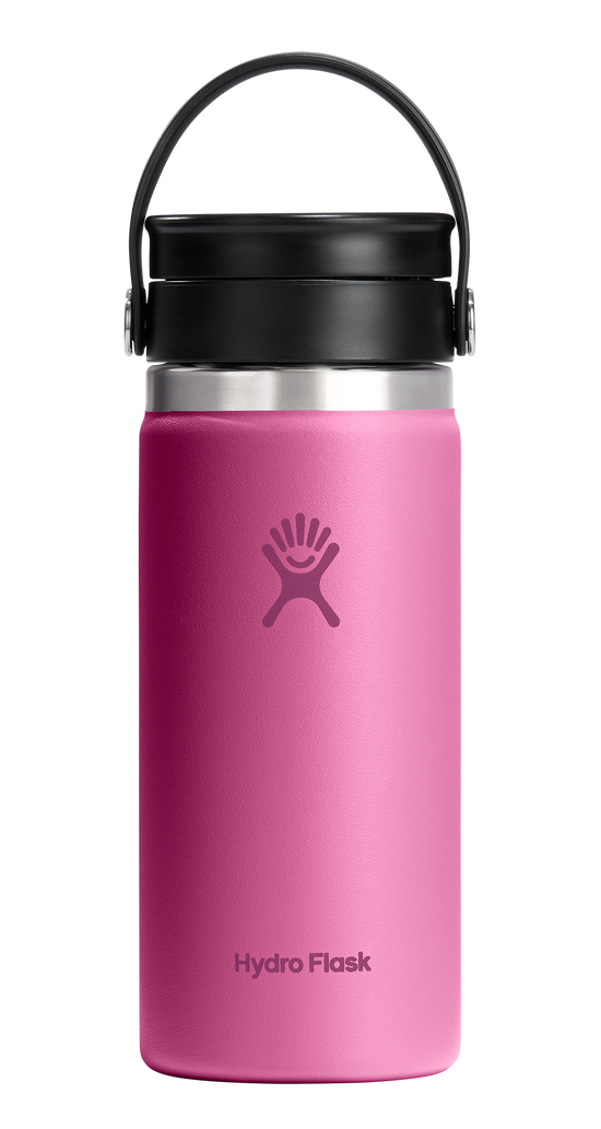 Pink water bottle with black lid and carrying loop, Hydro Flask logo visible.