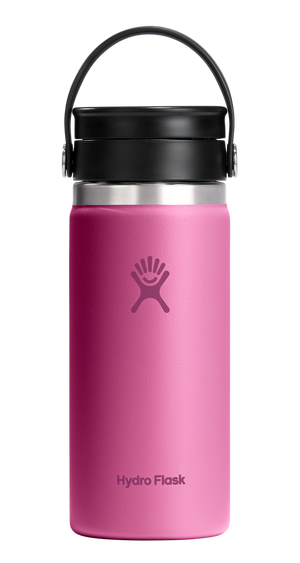 Pink water bottle with black lid and carrying loop, Hydro Flask logo visible.