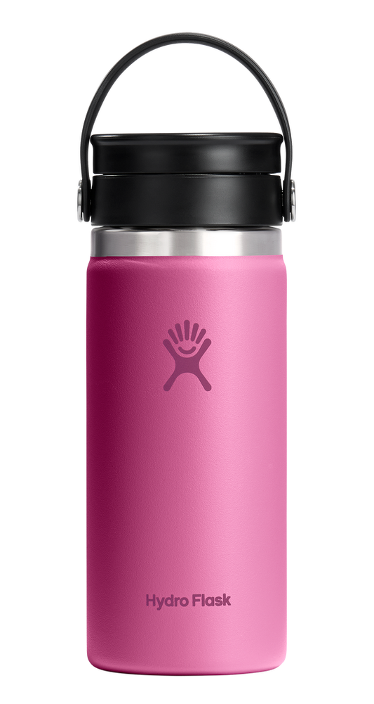 Pink water bottle with black lid and carrying loop, Hydro Flask logo visible.