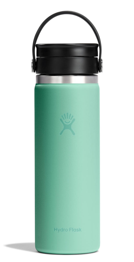 Seafoam water bottle with black top and carry loop, logo at the center.