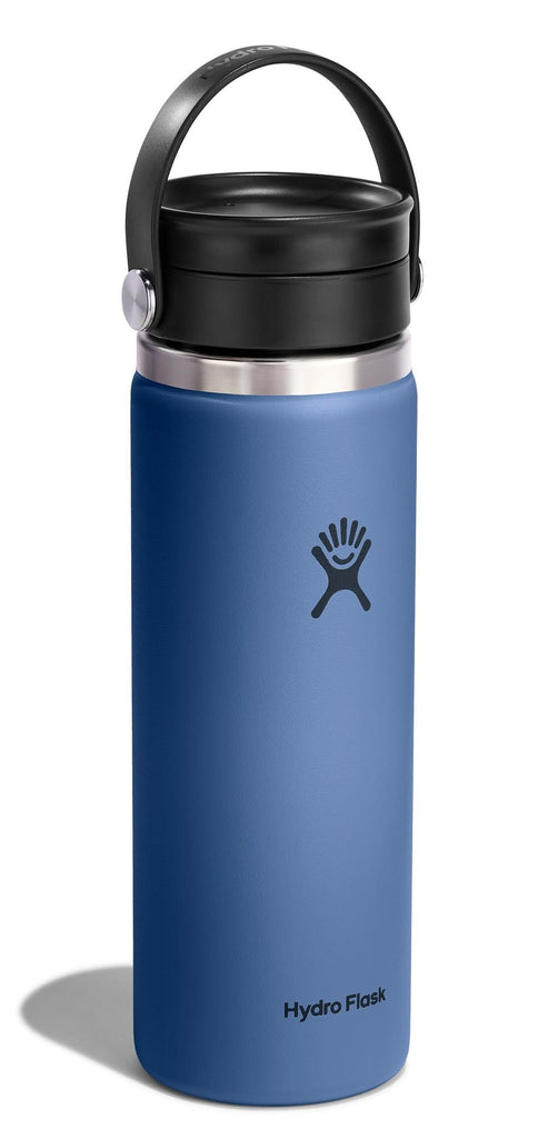 Blue insulated water bottle with black cap and handle.
